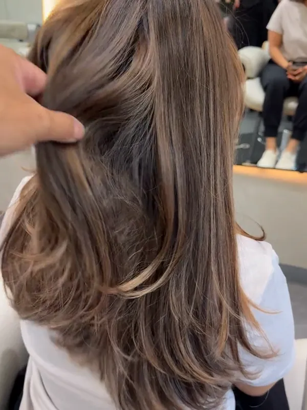 Long brunette hair finished in soft layers at the salon